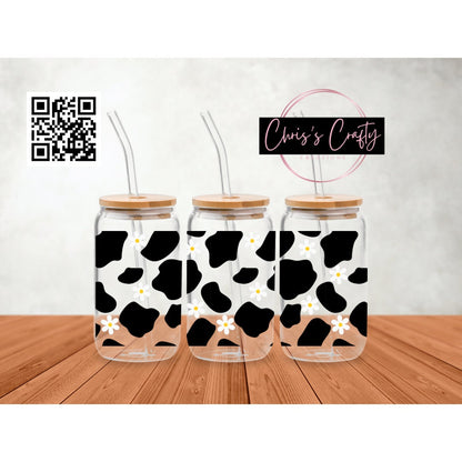 UVDTF Wrap Daisy Cow Print 16oz Can Glass Mug 40oz Tumbler, Cow Print Wrap, Ready to apply, Permanent Waterproof Adhesive