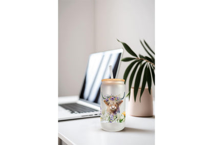 UVDTF Highland Cow Wild Flowers Daisies 16oz Can Glass Mug Tumbler, Cow Floral Wrap, Ready to Apply, Permanent Waterproof Adhesive