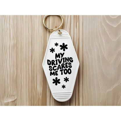 UVDTF Decal Motel Keychain My Driving Scares Me Too, Funny Decal, Ready to Apply, Permanent  Adhesive, Single/Set of 5 Keychain Decals