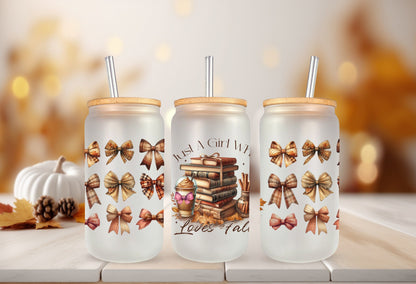 UVDTF Wrap Just a Girl Who Loves Fall Books for 16oz Can Glass or 40oz Tumbler, Ready to apply, Permanent adhesive, Double Sided option