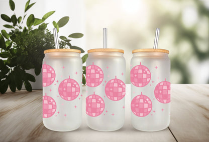 UVDTF Wrap Pink Disco Ball  16 oz Can Glass Mug Tumbler, Ready to apply, Permanent Waterproof Adhesive, Add on a Can Glass