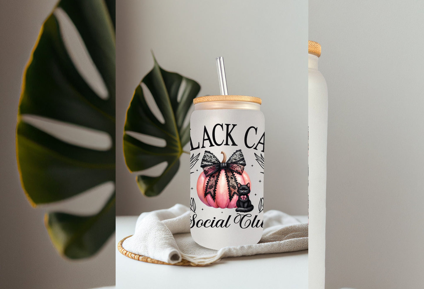 UVDTF Wrap Black Cat Social Club Pink Pumpkin Coquettes Bows 16oz Can Glass, Mug Tumbler, Ready to Apply, Permanent Waterproof Adhesive