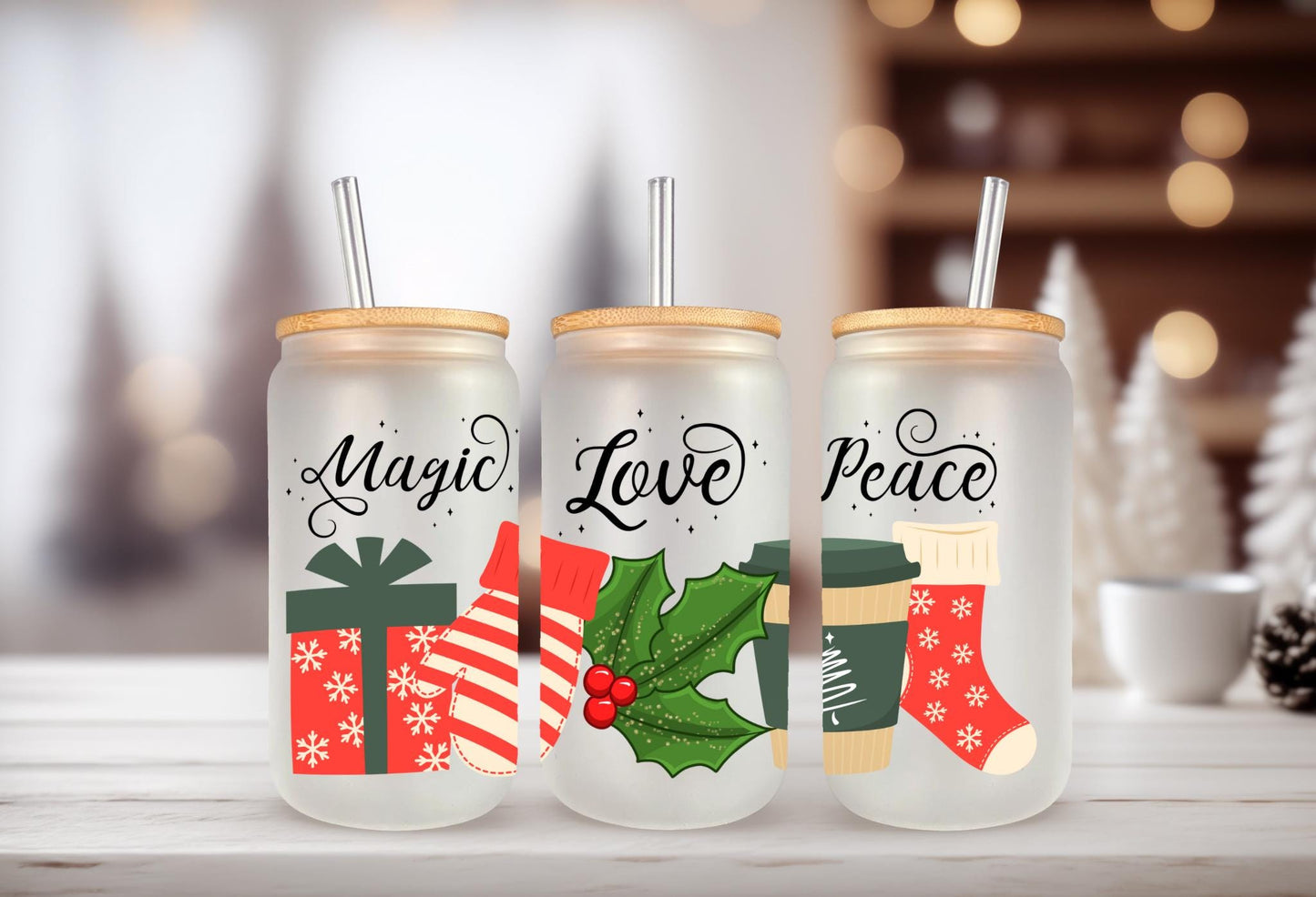 UVDTF WRAP Christmas Presents Magic Love Peace 16 oz Can Glass Mug Tumbler, Christmas Wrap, Ready to apply, Waterproof Permanent Adhesive