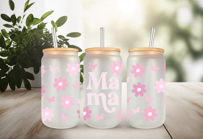 UVDTF Wrap Mama Floral Butterfly 16oz Can Glass Mug Tumbler, Ready to Apply, Permanent Waterproof Adhesive, Mom Gift