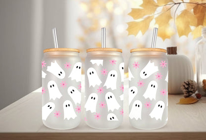 UVDTF Wrap Floral Pink Ghosts 16oz Can Glass, Mug, Tumbler, Halloween Ghost Wrap, Ready to apply, Permanent Adhesive