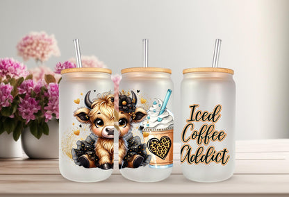 UVDTF Wrap Highland Cow Tutu Coffee Addict Leopard 16oz Can Glass Mug Tumbler Wrap, Ready to apply, Permanent Waterproof Adhesive