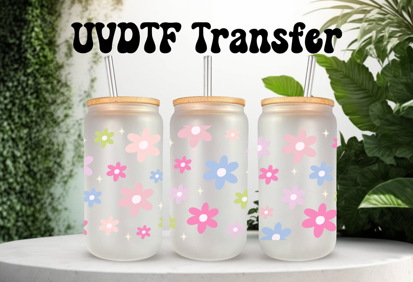 UVDTF Wrap Colorful Retro Flowers 16oz Can Glass Mug Tumbler, Ready to Apply, Permanent Waterproof Adhesive