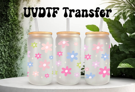 UVDTF Wrap Colorful Retro Flowers 16oz Can Glass Mug Tumbler, Ready to Apply, Permanent Waterproof Adhesive