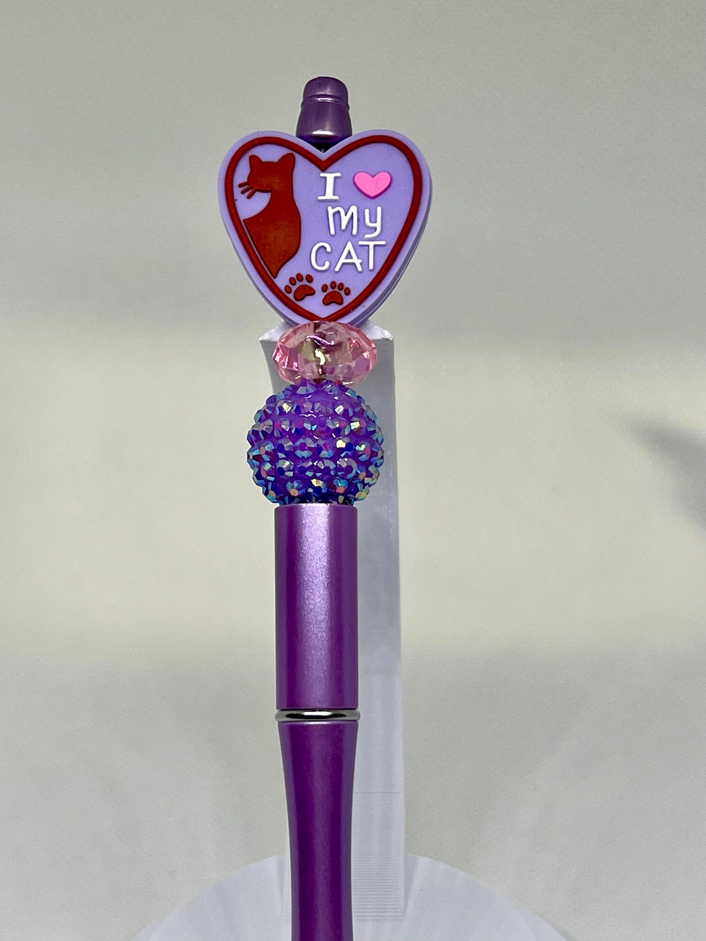 Cat Mom Purple Heart Beaded Ink Pen, I Love My Cat, Sarcastic Pen, Fun Pens Acrylic Beads, Custom Pen, Retractable Ink Pen, Gifts,Graduation