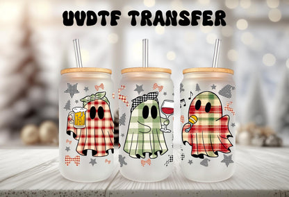UVDTF Wrap Plaid Drinking Ghosts 16oz Can Glass, Mug,  40oz  Tumbler, Halloween Ghost Wrap, Ready to apply, Permanent Adhesive