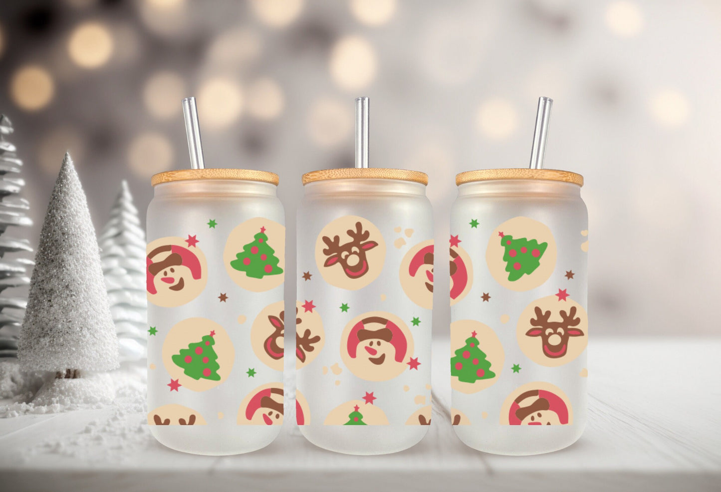 UVDTF Wrap Snowman Reindeer Christmas Tree Cookies for 16oz Can Glass Mug Tumbler, Ready to apply, Permanent waterproof adhesive