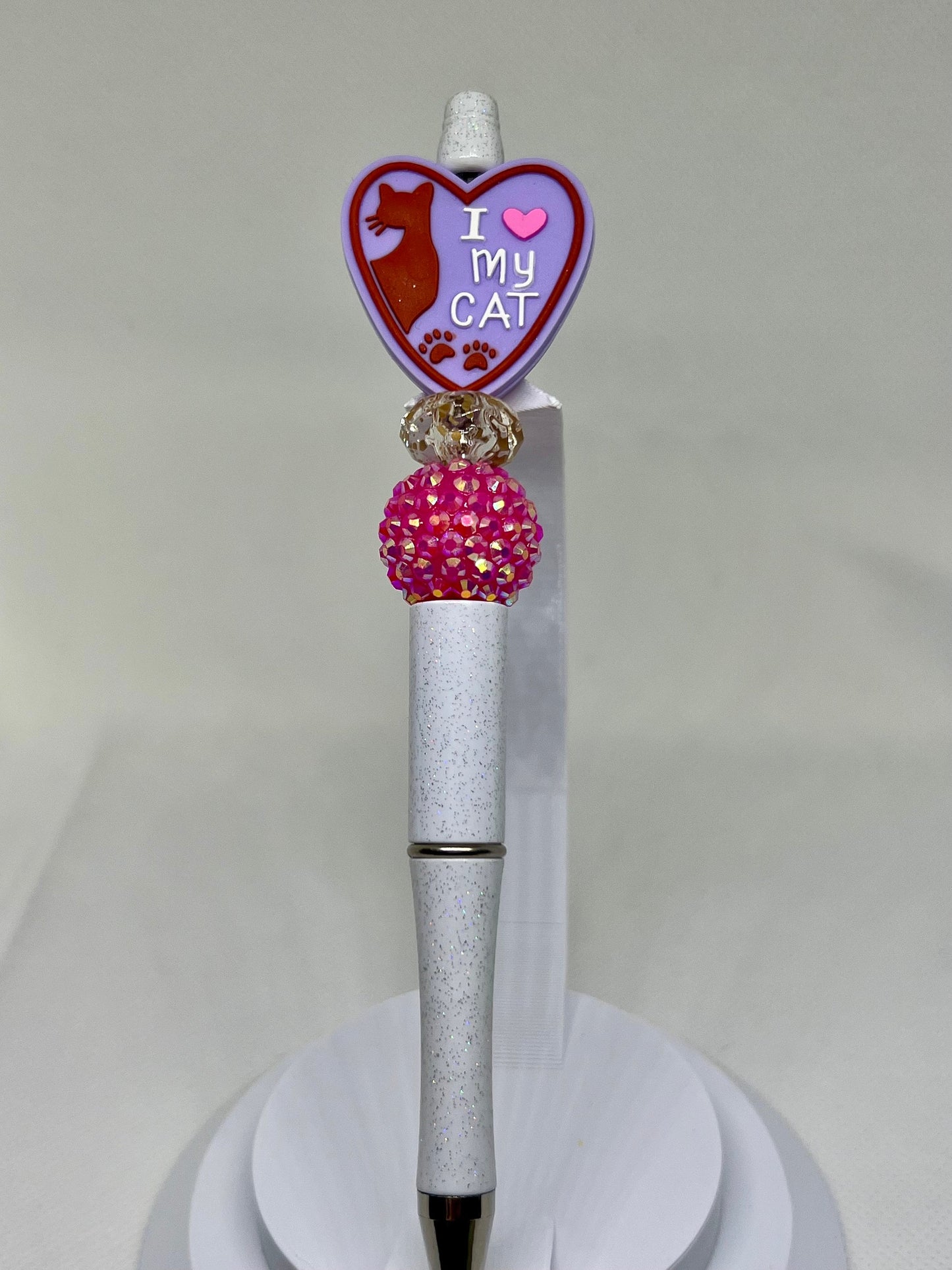 Cat Mom Purple Heart Beaded Ink Pen, I Love My Cat, Sarcastic Pen, Fun Pens Acrylic Beads, Custom Pen, Retractable Ink Pen, Gifts,Graduation