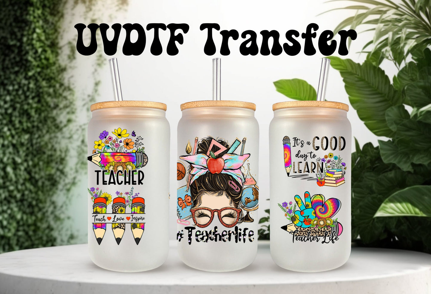 UVDTF Wrap Teacher Life for 16oz Can Glass, Mug, or Tumbler, Teach Coffee Repeat , Teacher Love Inspire, Ready to Apply, Permanent Waterproof Adhesive
