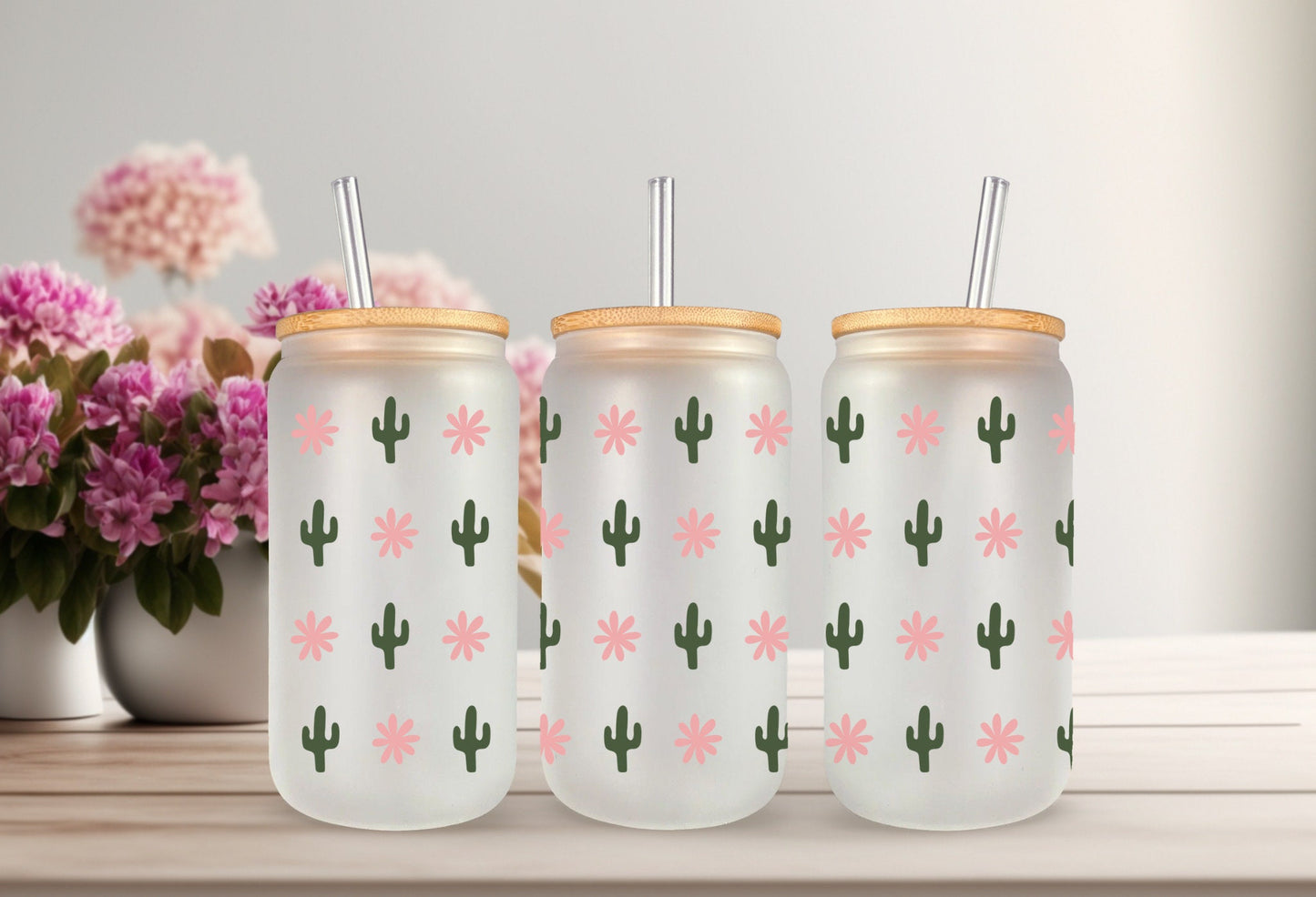 Cactus Wrap Decal - 16oz Glass Can Adhesive Cup Wrap, Waterproof & Permanent