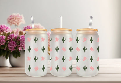 Cactus Wrap Decal - 16oz Glass Can Adhesive Cup Wrap, Waterproof & Permanent