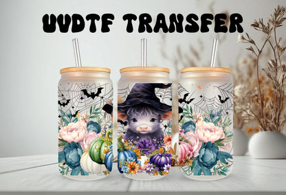 UVDTF Wrap Cow Witch Blue Floral Pumpkin 16oz Can Glass, Mug, Tumbler, Ready to Apply, Permanent Waterproof Adhesive