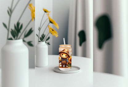 UVDTF Wrap Fall Scarecrow Floral 16oz Can Glass Mug Tumbler, Ready to Apply, Permanent Waterproof Adhesive