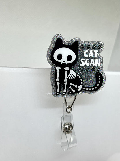 Funny CAT SCAN Badge Reel – Black Cat Skeleton Design with Glittery Paw Print Background, ID Holder for Professionals