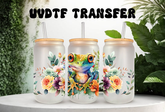 UVDTF Wrap Frog Flowers 16 oz Can Glass Mug Tumbler, Frog Wrap, Double Sided Print Option, Ready to Apply, Permanent Adhesive Waterproof