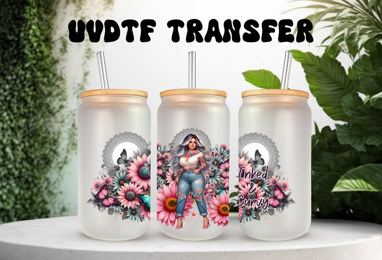 UVDTF Wrap Floral Butterfly Inked Curvy 16oz Can Glass Wrap Mug Tumbler, Inked Girl Wrap, Ready to Apply, Permanent Waterproof Adhesive