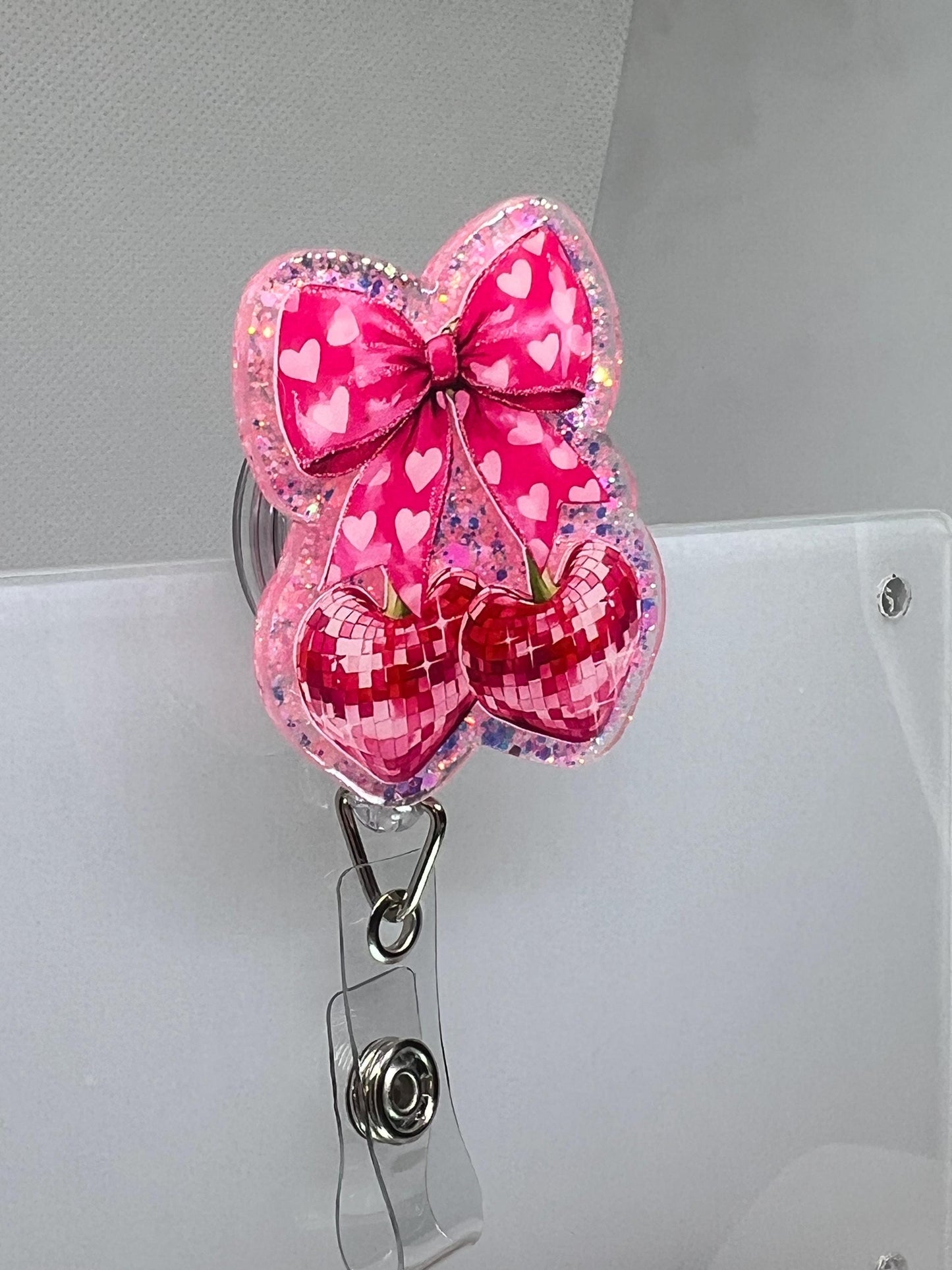 Badge Reel Bow - Disco Cherry Design Retractable ID Badge Holder Gift