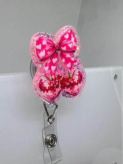 Badge Reel Bow - Disco Cherry Design Retractable ID Badge Holder Gift