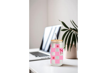 UVDTF Wrap Coquette Bows Checkered Dark Pink 16oz Can Glass Wrap Mug Tumbler, Ready to Apply, Permanent Waterproof Adhesive