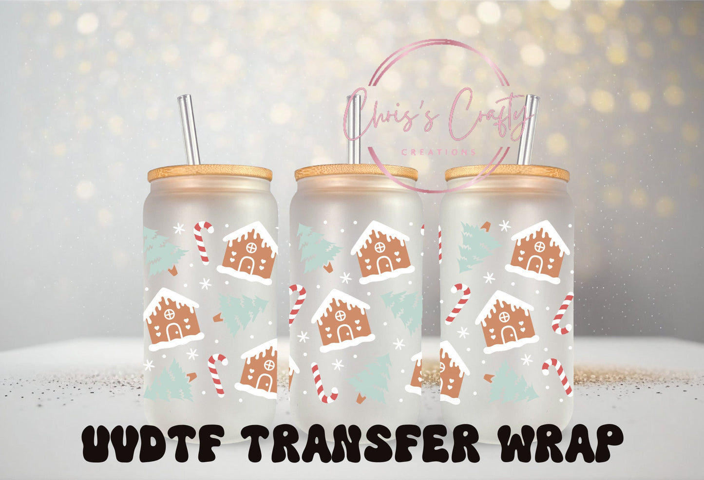 UVDTF Gingerbread House for 16 oz Can Glass Mug or Tumbler, Ready to apply, Waterproof Permanent Adhesive