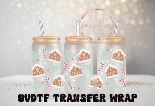 UVDTF Gingerbread House for 16 oz Can Glass Mug or Tumbler, Ready to apply, Waterproof Permanent Adhesive