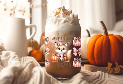 UVDTF Wrap Just a Girl Who Loves Pumpkin Spice for 16oz Can Glass Mug Tumbler, Fox Wrap, Ready to apply, Permanent Waterproof adhesive