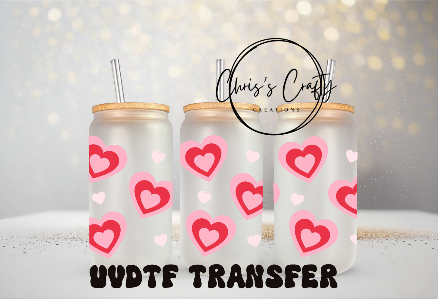 UVDTF Wrap Valentines Love Hearts Pink Red 16oz Can Glass Mug Tumbler, Ready to Apply, Permanent Waterproof Adhesive
