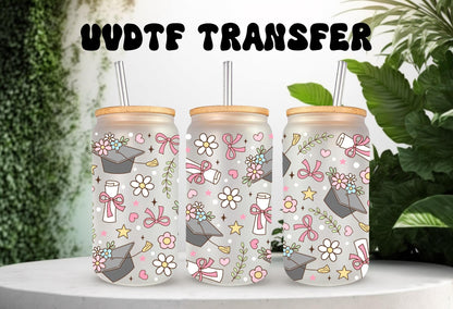 UVDTF Wrap Floral Graduation Caps 16oz Can Glass Mug Tumbler, Graduation Wrap, Ready to apply, Permanent Waterproof Adhesive