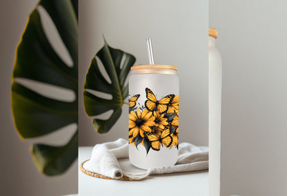 UVDTF Wrap Yellow Daisies Butterflies 16oz Can Glass Mug Tumbler Wrap, Ready to apply, Permanent Adhesive, Double sided option
