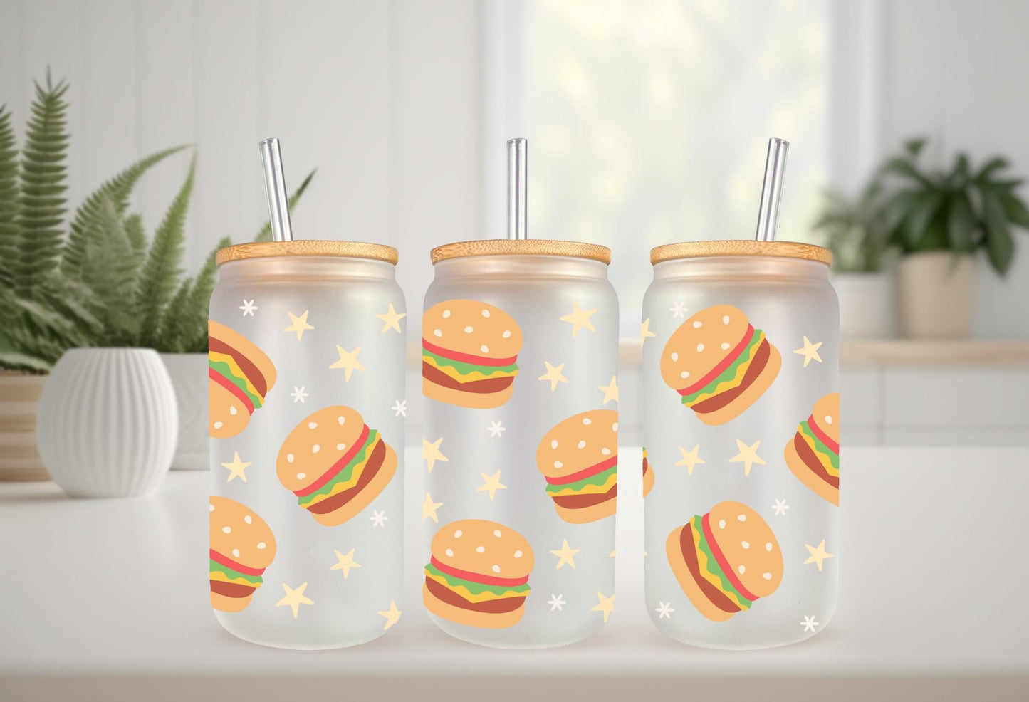 UVDTF Wrap Burgers 16oz Can Glass Wrap Mug Tumbler, Ready to Apply, Permanent Waterproof Adhesive