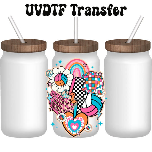 UVDTF Decal Retro Volleyball Collage 16oz Can Glass Mug Tumbler, Shot glass, Keychain, Ready to Apply, Permanent Adhesive Waterproof