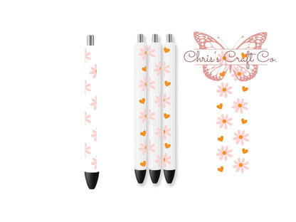 UVDTF Pen Wrap Pink Daisy Hearts, Flower Pen Wrap, Ready to apply, Permanent Waterproof Adhesive