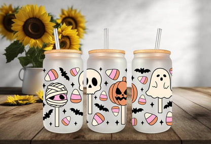 UVDTF Wrap Halloween Sweet Candy 16 oz Can Glass, Mug, Tumbler,Ready to Apply, Permanent Adhesive, Double Sided Print