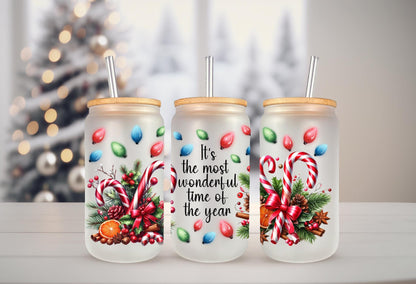 UVDTF WRAP Candy Cane Most Wonderful Time do the Year 16oz Can Glass Mug Tumbler, Ready to Apply, Permanent Waterproof Adhesive
