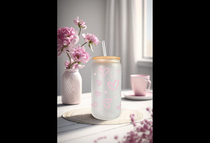 UVDTF Wrap Pink Hearts 16oz Can Glass Mug Tumbler, Valentine Wrap, Ready to Apply, Permanent Waterproof Adhesive, Double Sided Option