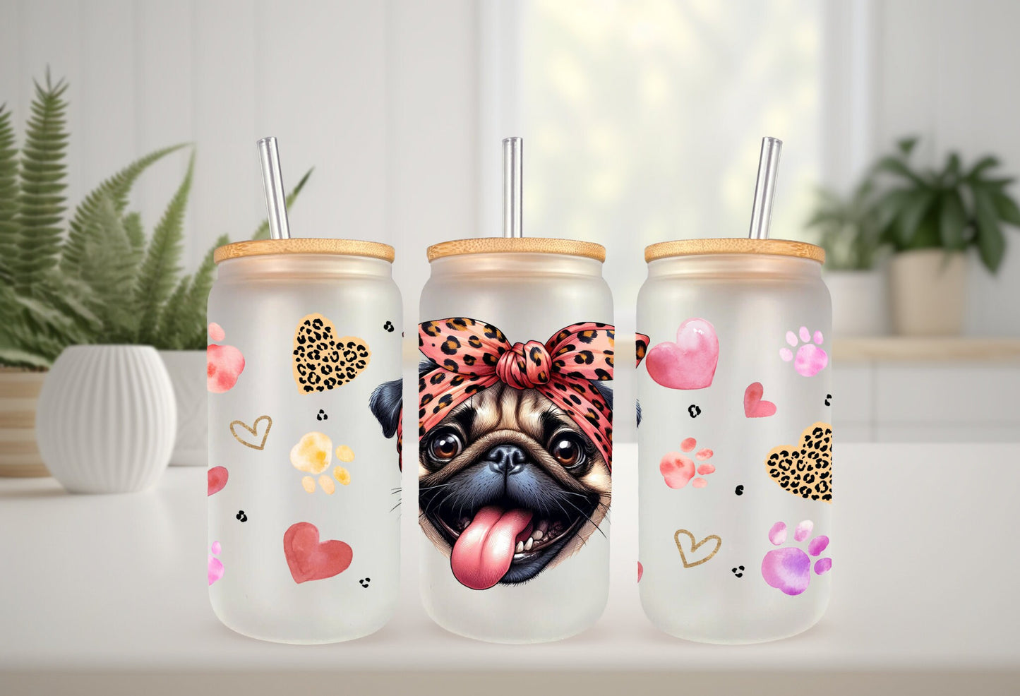 UVDTF Wrap Cute Pug 16oz Can Glass Wrap, Mug Tumbler, Dog Mom, Ready to apply, Permanent Adhesive, Double sided option
