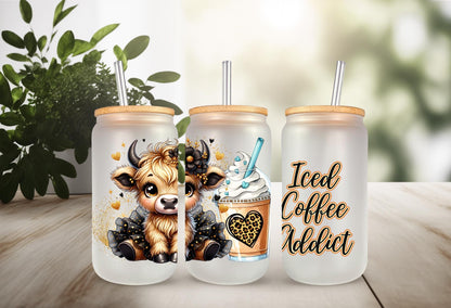 UVDTF Wrap Highland Cow Tutu Coffee Addict Leopard 16oz Can Glass Mug Tumbler Wrap, Ready to apply, Permanent Waterproof Adhesive