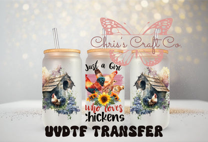 UVDTF Wrap Chickens Just a Girl Who Love 16oz Can Glass Mug Tumbler, Chicken Wrap, Ready to apply, Permanent Adhesive Waterproof