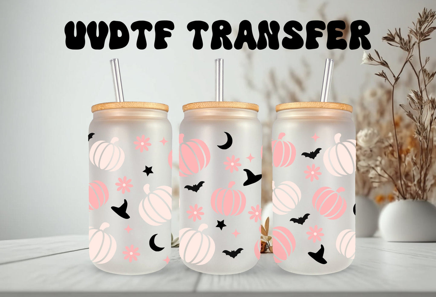 UVDTF Wrap Pastel Pumpkin Witch Hat Bats Flowers Halloween