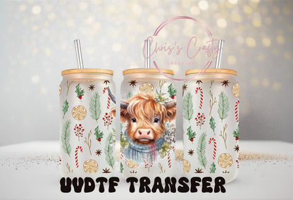 UVDTF Wrap Highland Cow Winter Garland for 16oz Can Glass Mug Tumbler, Ready to Apply, Permanent Waterproof Adhesive