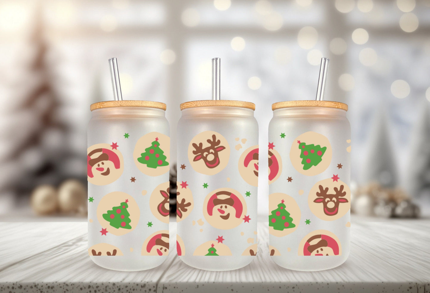 UVDTF Wrap Snowman Reindeer Christmas Tree Cookies for 16oz Can Glass Mug Tumbler, Ready to apply, Permanent waterproof adhesive