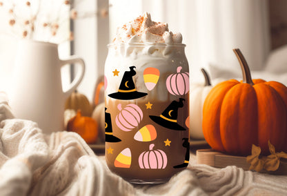 UVDTF Wrap Witches Hat Pumpkin Candy Corn Halloween 16oz Can Glass, Mug, Tumbler, Ready to apply, Permanent Waterproof Adhesive