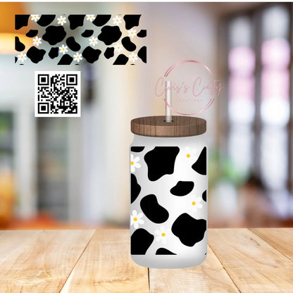 UVDTF Wrap Daisy Cow Print 16oz Can Glass Mug 40oz Tumbler, Cow Print Wrap, Ready to apply, Permanent Waterproof Adhesive