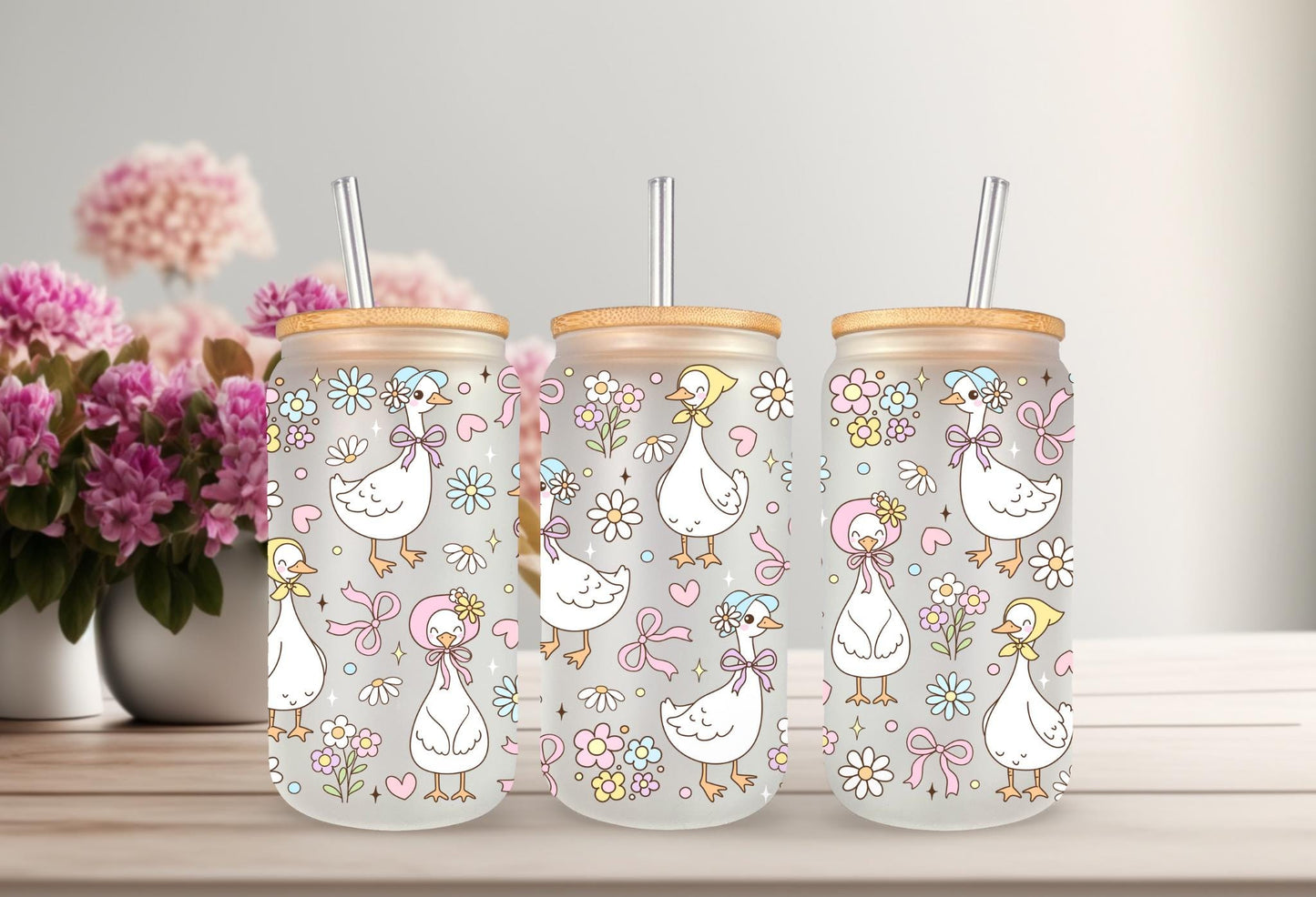 UVDTF Wrap Floral Mama Goose 16oz Can Glass Mug Tumbler Wrap, White Goose, Ready to apply, Permanent Waterproof Adhesive