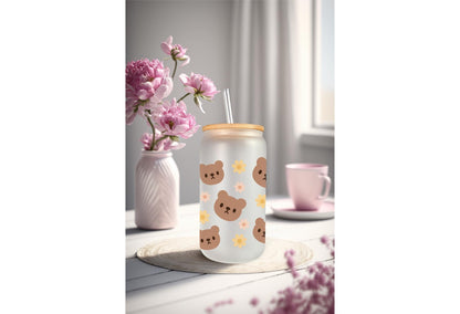UVDTF Wrap Teddy Bear Light Brown 16oz Can Glass Mug Tumbler, Bear Wrap, Ready to Apply, Permanent Waterproof Adhesive