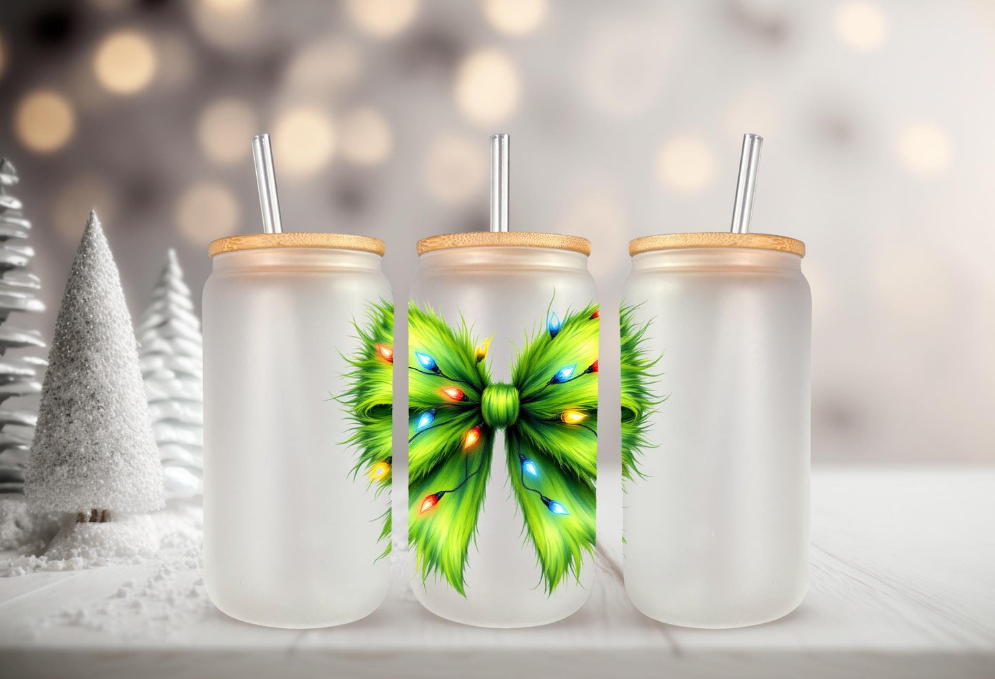 UVDTF Decal Green Guy Coquette Bow Christmas Lights 16oz Can Glass Mug Tumbler, Christmas Decal, Ready to apply, Permanent Adhesive